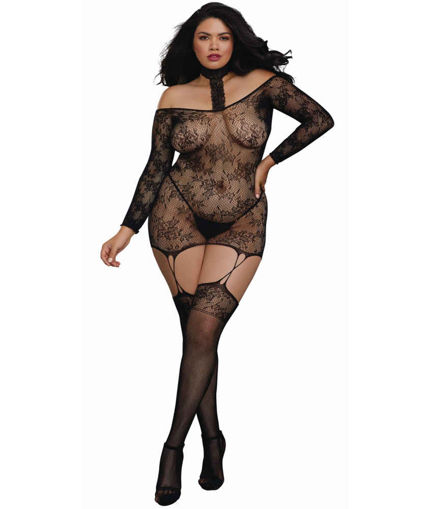 Bodystocking résille guêpière grande taille réversible avec tour de cou 